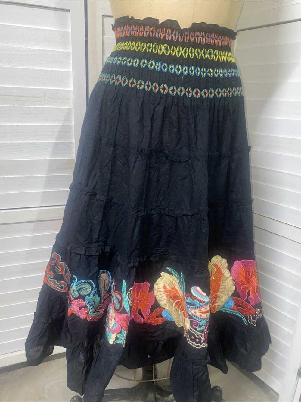 Boston Proper Black Tier Boho Maxi Skirt Small Sequin Bead Embroidery Festival